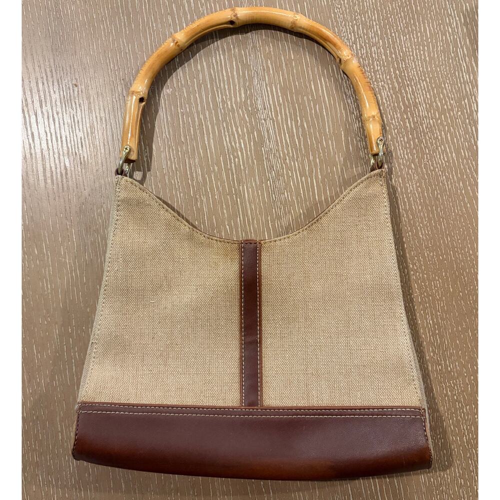 Used Mondani‎ New York Brown Fabric Leather Bamboo Handle Crossbody Handbag